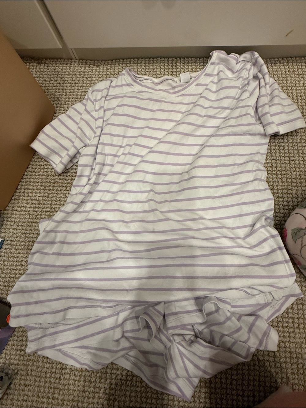 Women's Short Sleeve Striped Pajama Set - White with Light Lavender Stripes